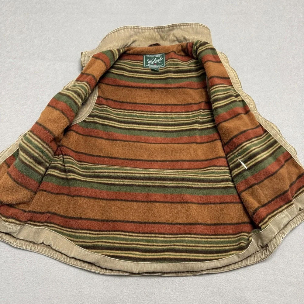 Woolrich Vest Mens M Tan Canvas Striped Fleece Lined Full Zip Rugged Workwear